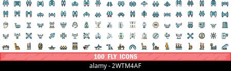 100 fly icons set. Color line set of fly vector icons thin line color flat on white Stock Vector