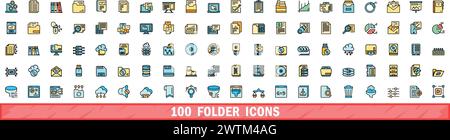 100 folder icons set. Color line set of folder vector icons thin line color flat on white Stock Vector
