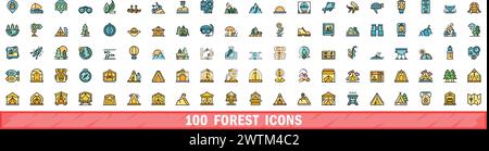 100 forest icons set. Color line set of forest vector icons thin line color flat on white Stock Vector