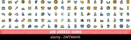 100 greece icons set. Color line set of greece vector icons thin line color flat on white Stock Vector