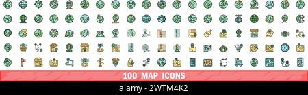 100 map icons set. Color line set of map vector icons thin line color flat on white Stock Vector