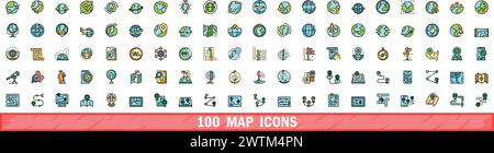 100 map icons set. Color line set of map vector icons thin line color flat on white Stock Vector