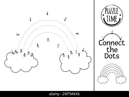 Vector dot-to-dot, color and tracing activity with rainbow and clouds. Fairytale connect the dots game for children with cute fantasy picture. Magic w Stock Vector