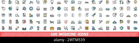 100 medicine icons set. Color line set of medicine vector icons thin line color flat on white Stock Vector