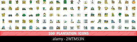 100 plantation icons set. Color line set of plantation vector icons thin line color flat on white Stock Vector