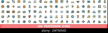 100 profession icons set. Color line set of profession vector icons thin line color flat on white Stock Vector