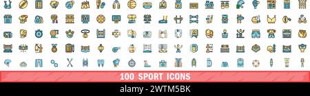 100 sport icons set. Color line set of sport vector icons thin line color flat on white Stock Vector
