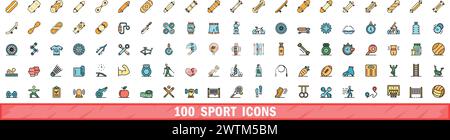 100 sport icons set. Color line set of sport vector icons thin line color flat on white Stock Vector