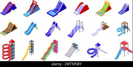 Water slide icons set isometric vector. Aquapark ride spiral. Amusement recreation Stock Vector