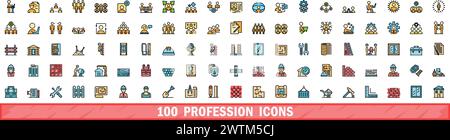 100 profession icons set. Color line set of profession vector icons thin line color flat on white Stock Vector