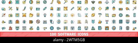 100 software icons set. Color line set of software vector icons thin line color flat on white Stock Vector