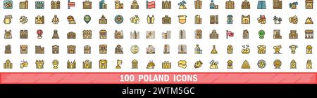 100 poland icons set. Color line set of poland vector icons thin line color flat on white Stock Vector