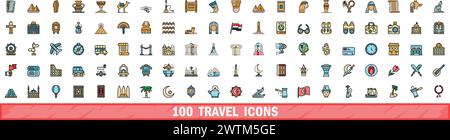 100 travel icons set. Color line set of travel vector icons thin line color flat on white Stock Vector