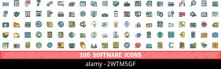 100 software icons set. Color line set of software vector icons thin line color flat on white Stock Vector
