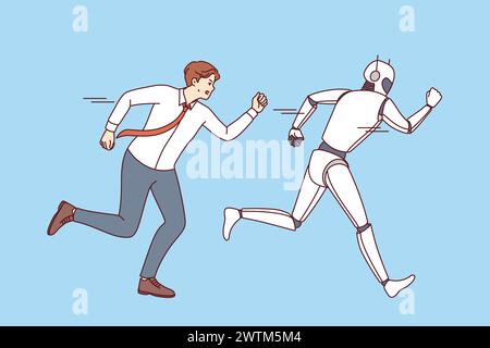 Man office clerk attacks AI robot, out of fear of digitalization and robotization causing mass layoffs. Superiority of robot with artificial intelligence over manager who fails due to AI technology Stock Vector