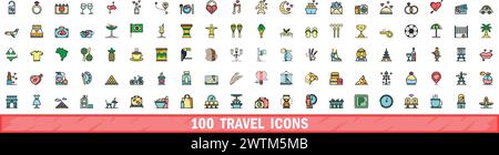 100 travel icons set. Color line set of travel vector icons thin line color flat on white Stock Vector