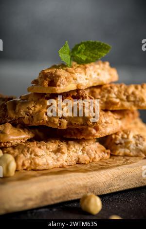 Cookies with hazelnuts. Crispy cookies of a rectangular shape with nuts Stock Photo