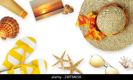 Top view of sea beach holiday accessories: Sun hat, sunglasses, flip flops, seashell, starfish, and sunscreen. Summer beach vacation banner sign, copy Stock Photo