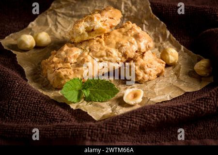 Cookies with hazelnuts. Crispy cookies of a rectangular shape with nuts Stock Photo