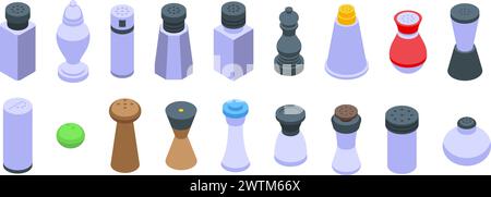 Pepper shaker icons set isometric vector. Glass mill cap. Salt kitchen cooking Stock Vector