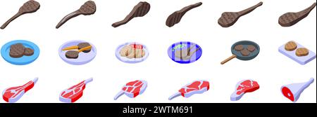 Lamb chop icons set isometric vector. Meat product. Ingredient meal fillet Stock Vector