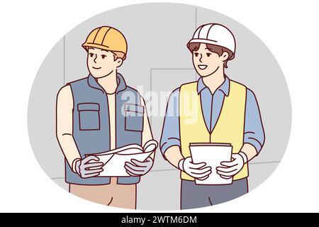 Two man builders in worker uniform look to side discussing construction process. Architects or engineers wearing protective helmets stand with papers in their hands at workplace. Flat vector image Stock Vector