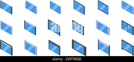 Glass banister balcony icons set isometric vector. Fence terrace. City apartment Stock Vector