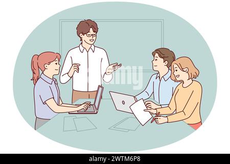 Successful people working in modern startup listening to colleague presentation. Programmers are sitting at table with laptops and papers waiting to receive assignment from boss. Flat vector image Stock Vector