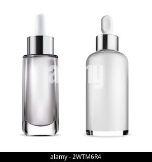 Dropper bottle. Transparent glass essential oil bottle, vector mockup. Cosmetic product serum essence flask, realistic package design. Eyedropper vial Stock Vector