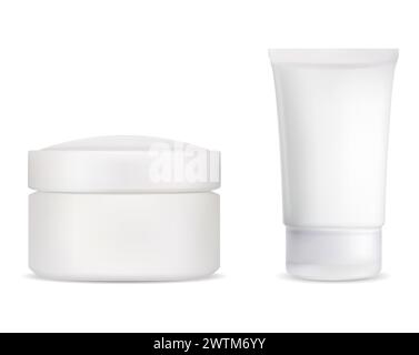 Cream jar and cream tube cosmetic package mockup set. Blank container for beauty product. Face makeup packaging mock up. Blush or hand cream realistic Stock Vector