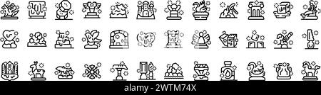 Ice sculpture icons set outline vector. Medieval castle. Animals statue Stock Vector