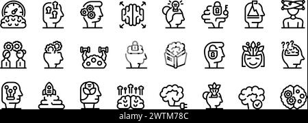 Mindset growth icons set outline vector. Thinking positive. Happy self increase Stock Vector