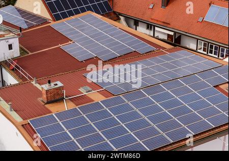 Schwabmünchen, Bavaria, Germany - March 17, 2024: Aerial view of roofs with a PV system. Photovoltaics on roof *** Luftbild Aufnahme von Dächern mit einer PV-Anlage. Photovoltaik auf Dach Stock Photo