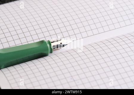 Green fountain pen lies on white sheets checkered notebook Stock Photo