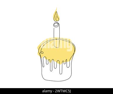 Continuous one line drawing of Easter Kulich cake with a lit candle. Colored Easter cupcake. Birthday cake. Vector isolated on white background. Design element for greeting, scrapbooking, print Stock Vector
