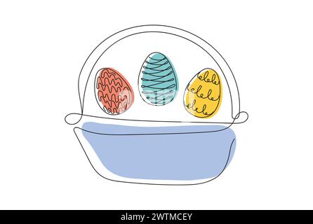 Wicker basket with colorful Easter eggs. Continuous one line drawing. Vector illustration isolated on white backdrop. Festive decoration. For Easter promotions, greeting cards, holiday invitations Stock Vector