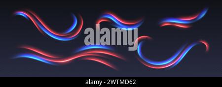 Neon car lights in motion, dynamic slow shutter speed effect. Abstract luminescent lines. Stock Vector