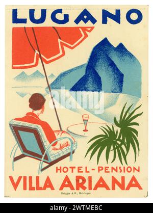 Original 1930's art deco style vintage luggage label, hotel-pension Villa Ariana, Lugano, Lake Lugano, Italy. Stock Photo