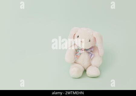White plush toy rabbit isolated on pale green background; bunny front view Stock Photo