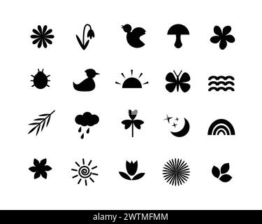 Springtime black glyph icons set Stock Vector