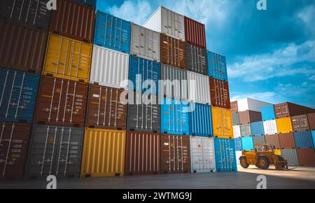 3d render,  stacked shipping containers in a commercial freight yard under blue skies Stock Photo