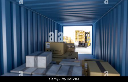 Inside of blue cargo container showcasing boxes and forklift in background. 3d render Stock Photo