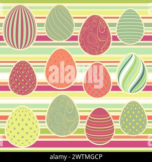Easter Eggs with seamless ornament pattern. Vector line pattern with Easter eggs on the blue background. Concept of Happy Easter. Seamless pattern. Stock Vector