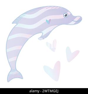 Cute dolphin with hearts, preppy nautical gradient illustration Stock Vector