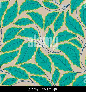 Curved lines Branches Leaves beige and green. Seamless pattern with leaves. Vector illustration for your design.Floral seamless pattern with stylized. Stock Vector