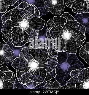 Pattern Seamless Vector Anemones Graphic White Flowers Pattern Vector Anemones Spring Flowers. Lilac and white with line art on black background. Stock Vector
