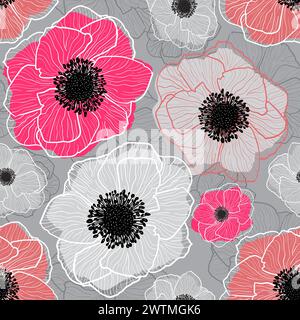 Pattern Seamless Vector Anemones Graphic Pink Flowers. Pattern Vector Anemones Wildflower Spring Flowers. Anemone floral botanical flowers. Stock Vector