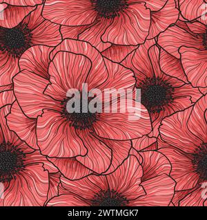 Pattern Seamless Vector Anemones Graphic Red Flowers Pattern Vector Anemones Wildflower Spring Flowers. Anemone floral botanical flowers. Stock Vector