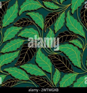 Curved lines Branches Leaves black and green. Seamless pattern with leaves. Vector illustration for your design. Floral seamless pattern with stylized. Stock Vector