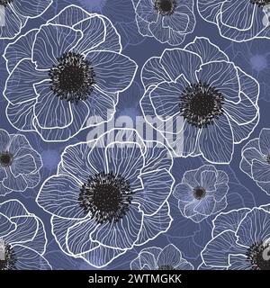 Pattern Seamless Vector Anemones Graphic White Flowers Pattern Vector Anemones Wildflower Spring Flowers. White with line art on Grey background. Stock Vector